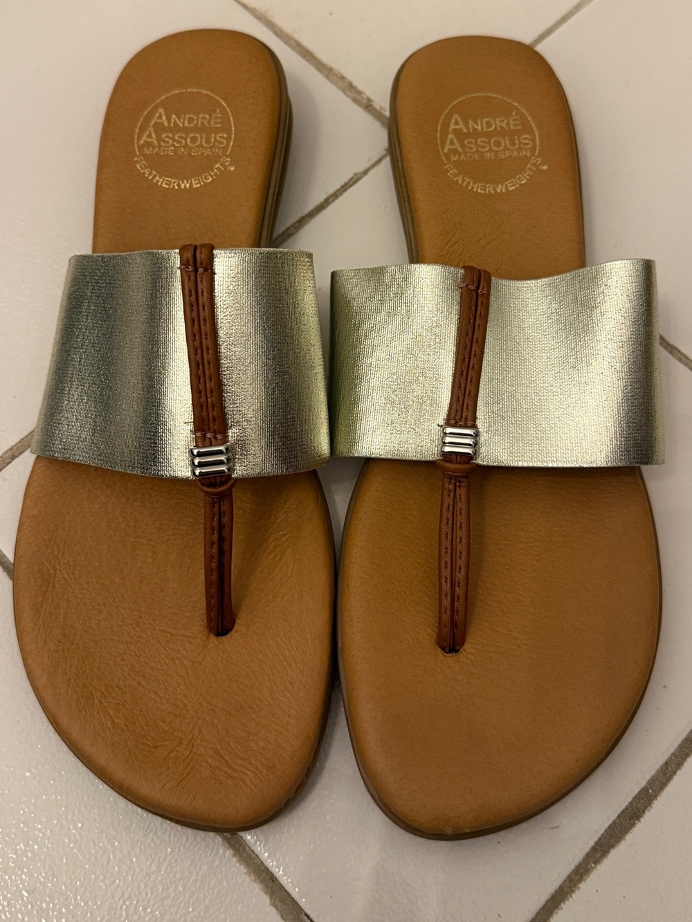 ANDRÉ ASSOUS Women’s Nice Featherweights Platino Metallic Thong Sandals Size 9M